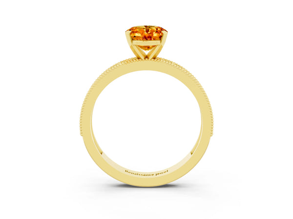 Yellow gold Oval Cut Citrine Milgrain Pavé Engagement Ring with Four-Prong Setting