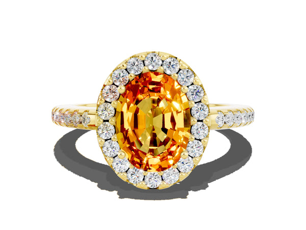 Yellow gold Oval Cut Citrine Pavé Halo Ring with Four-Prong Setting