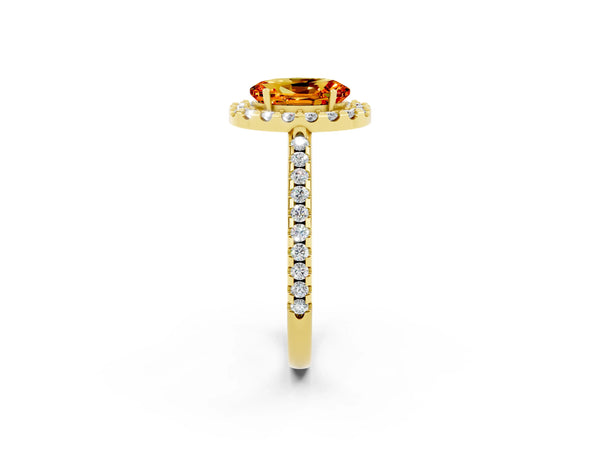 Yellow gold Oval Cut Citrine Pavé Halo Ring with Four-Prong Setting