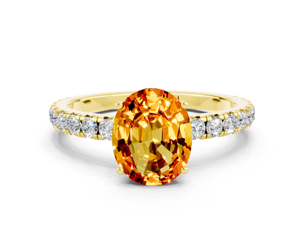 Yellow gold Oval Cut Citrine Pavé Solitaire Engagement Ring with Four-Prong Setting