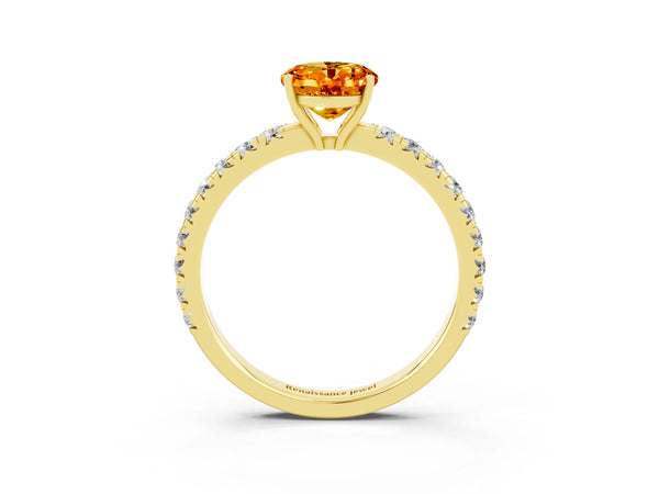Yellow gold Oval Cut Citrine Pavé Solitaire Engagement Ring with Four-Prong Setting
