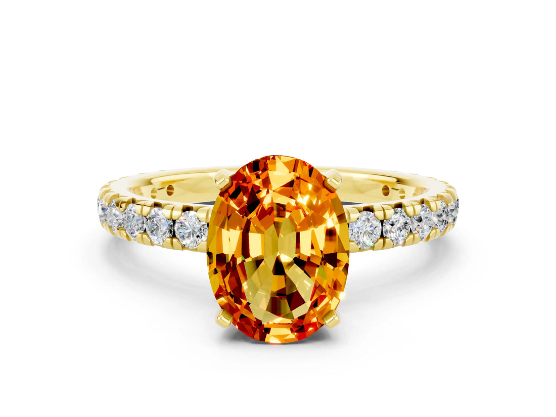Yellow gold Oval Cut Citrine Pavé Solitaire Ring with Round Band and Prong Setting_12