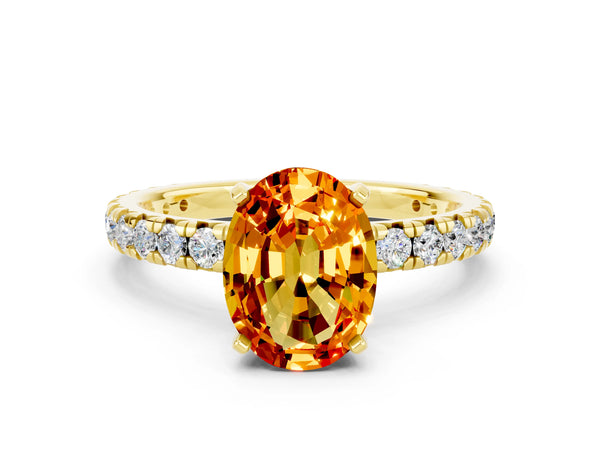 Yellow gold Oval Cut Citrine Pavé Solitaire Ring with Round Band and Prong Setting