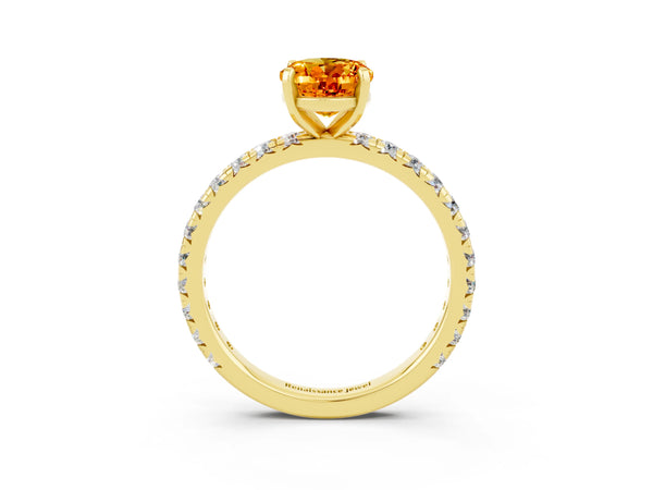 Yellow gold Oval Cut Citrine Pavé Solitaire Ring with Round Band and Prong Setting
