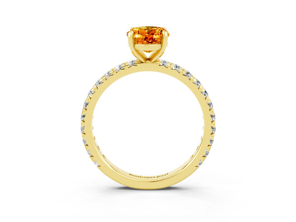 Yellow gold Oval Cut Citrine Pavé Solitaire Ring with Round Band and Prong Setting