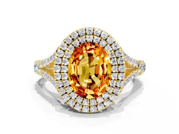 Yellow gold Oval Cut Citrine Pavé Split Shank Double Halo Engagement Ring