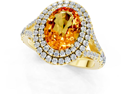 Yellow gold Oval Cut Citrine Pavé Split Shank Double Halo Engagement Ring_1