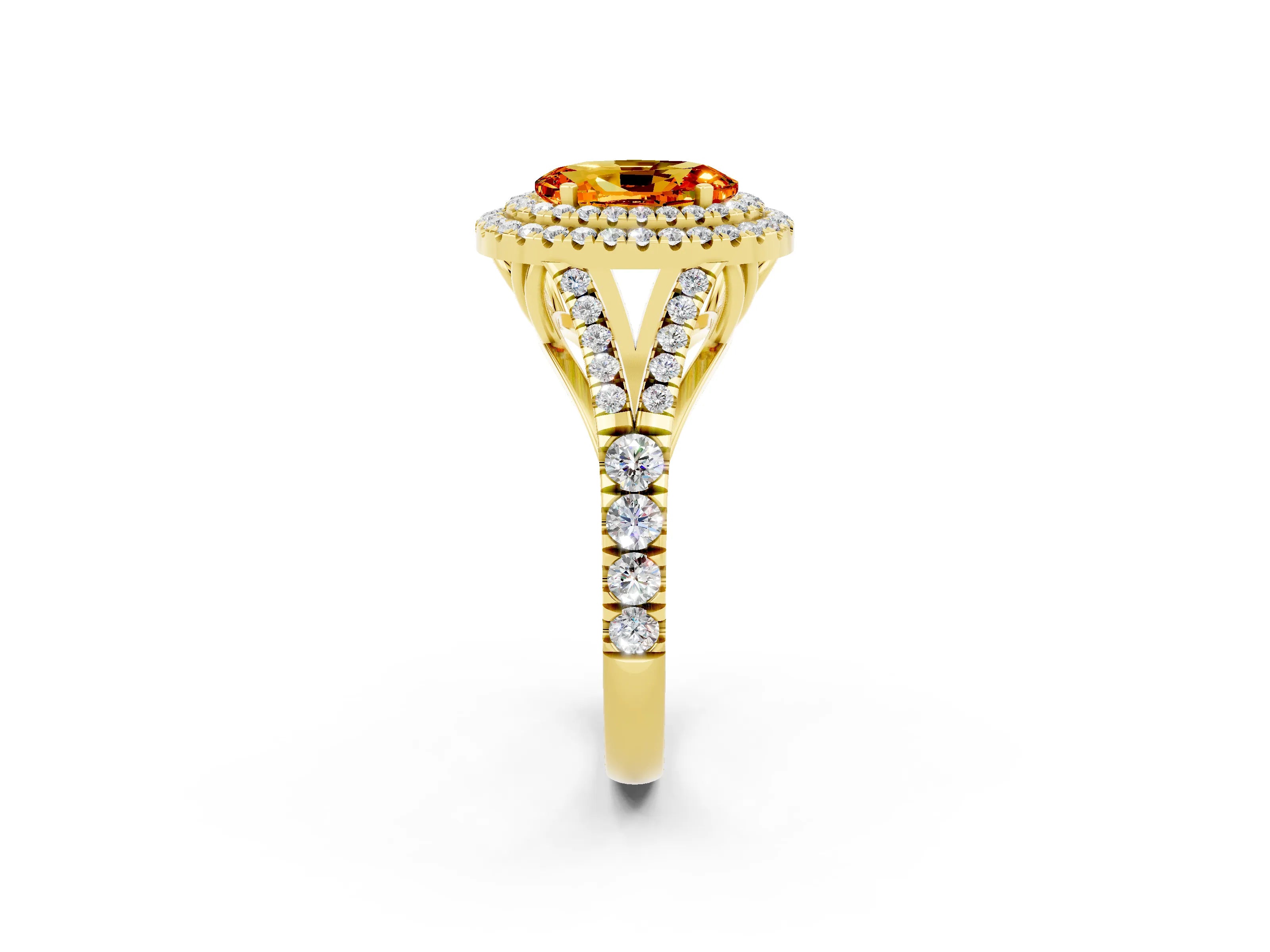 Yellow gold Oval Cut Citrine Pavé Split Shank Double Halo Engagement Ring_2