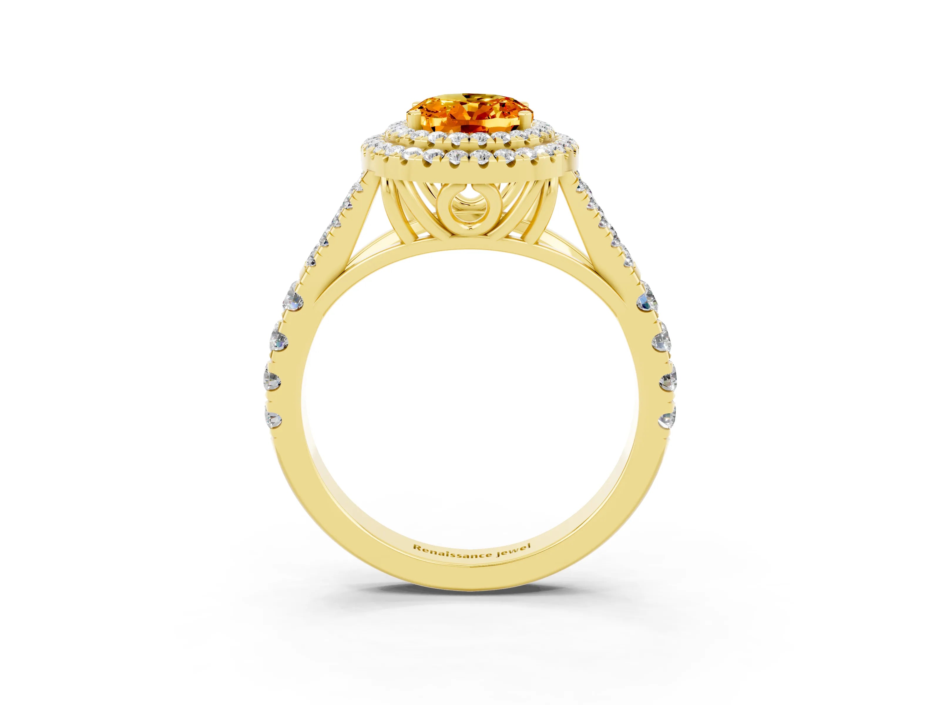 Yellow gold Oval Cut Citrine Pavé Split Shank Double Halo Engagement Ring_3