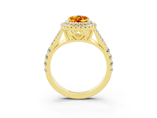 Yellow gold Oval Cut Citrine Pavé Split Shank Double Halo Engagement Ring