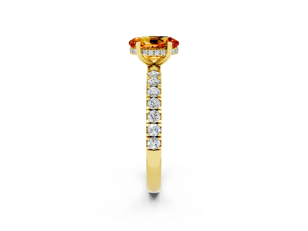 Yellow gold Oval Cut Citrine Pave Band Solitaire Ring with Round  and Prong Setting