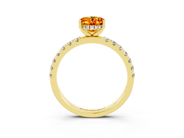 Yellow gold Oval Cut Citrine Pave Band Solitaire Ring with Round  and Prong Setting