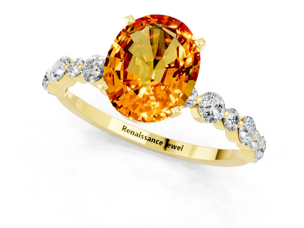 Yellow gold Oval Cut Citrine Prong Set Engagement Ring with Pavé Band