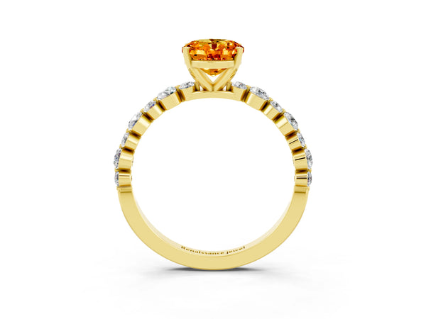 Yellow gold Oval Cut Citrine Prong Set Engagement Ring with Pavé Band