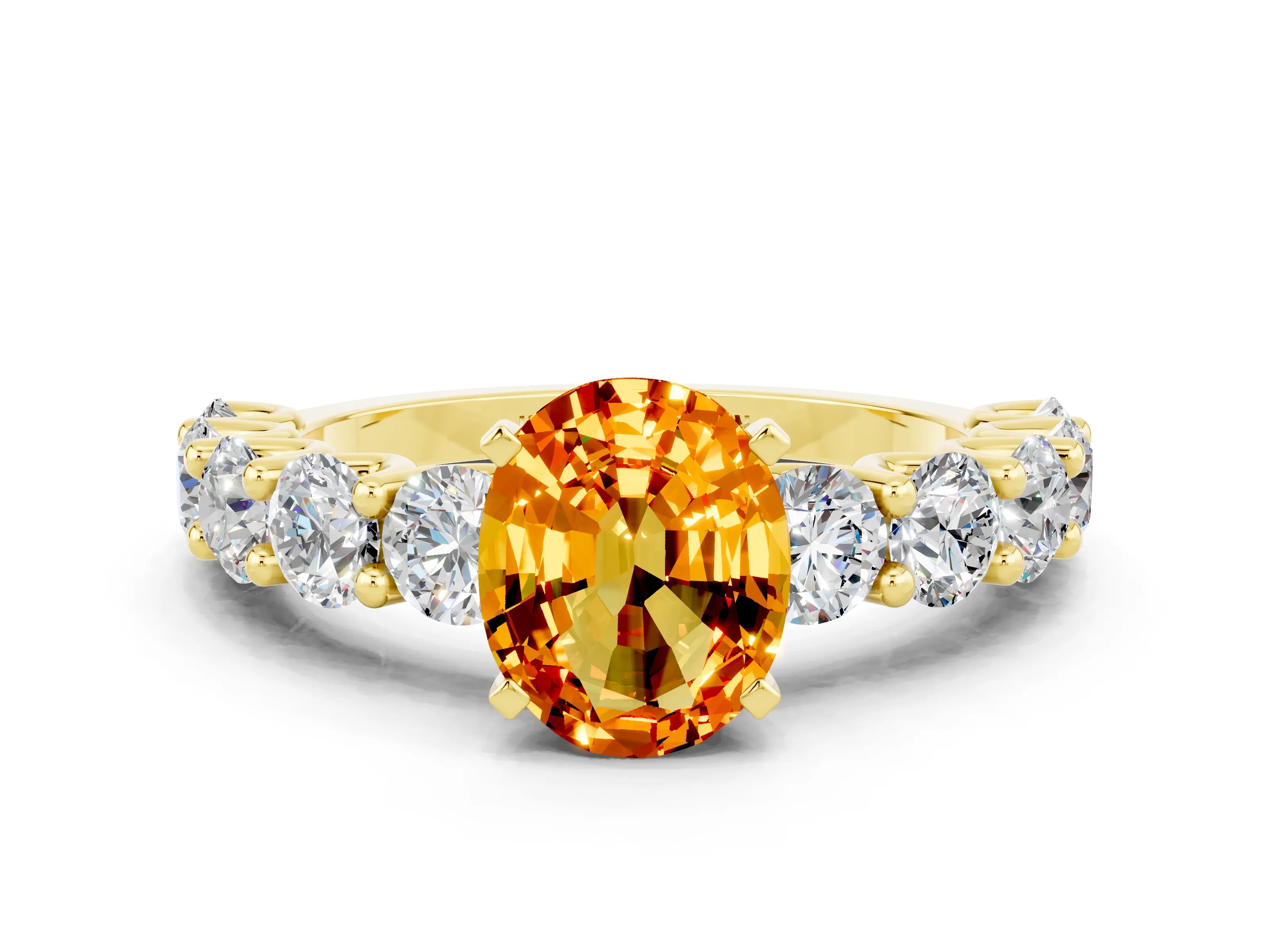 Yellow gold Oval Cut Citrine Prong Setting with Side Stones on a Pave Band
