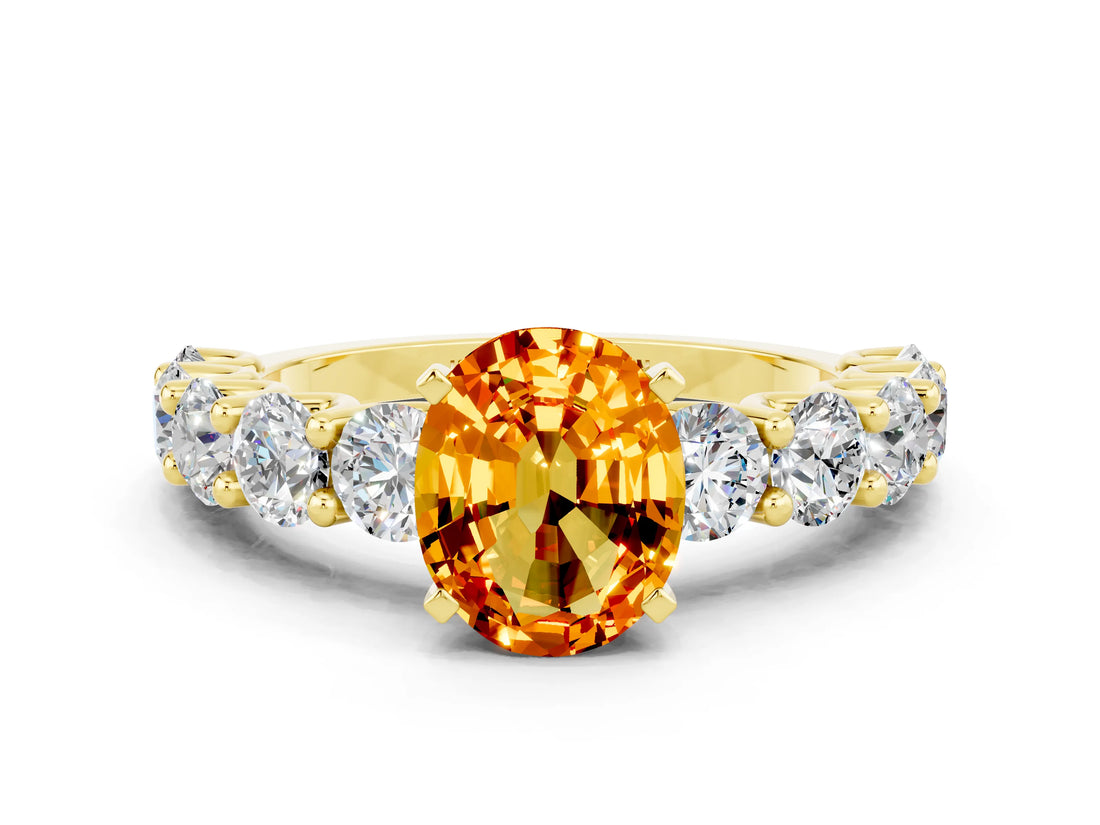 Yellow gold Oval Cut Citrine Prong Setting with Side Stones on a Pave Band