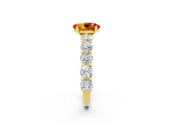 Yellow gold Oval Cut Citrine Prong Setting with Side Stones on a Pave Band