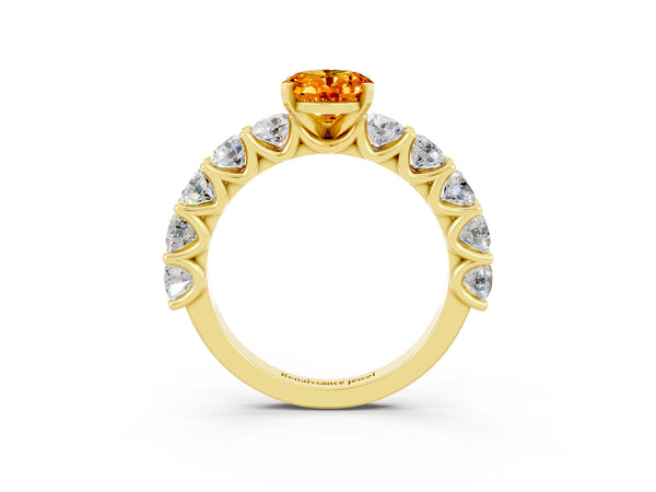 Yellow gold Oval Cut Citrine Prong Setting with Side Stones on a Pave Band