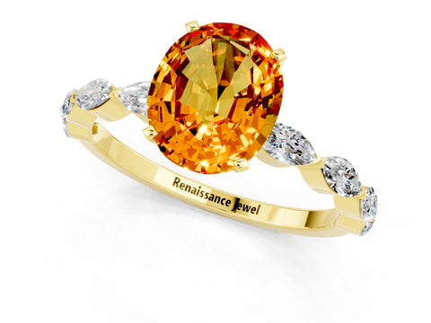 Yellow gold Oval Cut Citrine Ring with Marquise Side Stones and Prong Setting_1