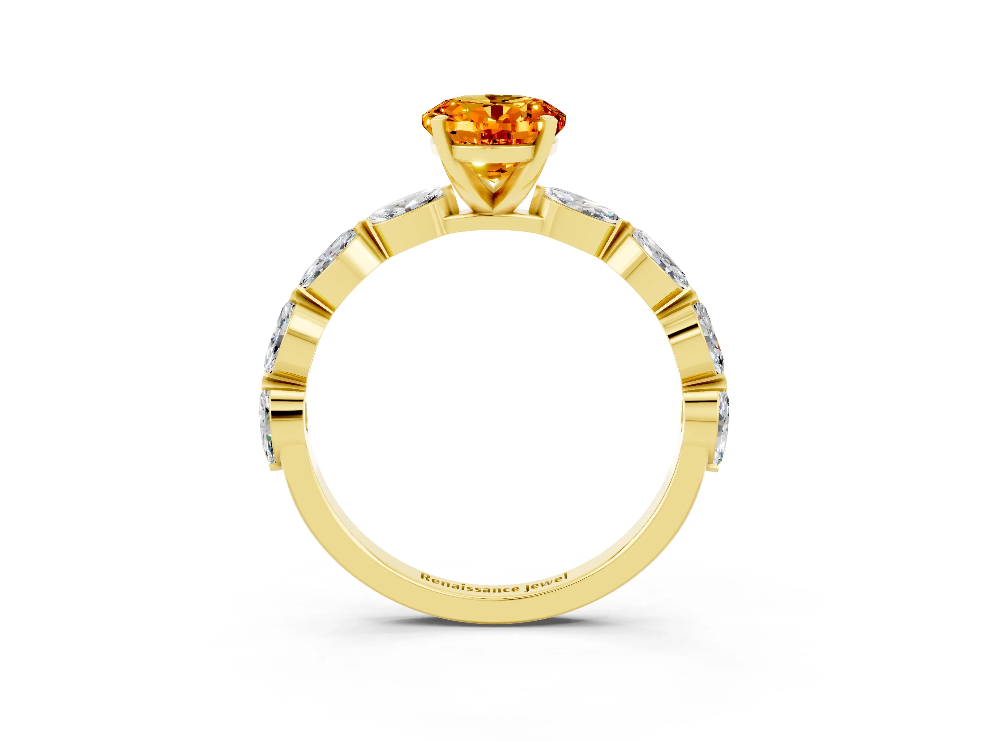 Yellow gold Oval Cut Citrine Ring with Marquise Side Stones and Prong Setting_3