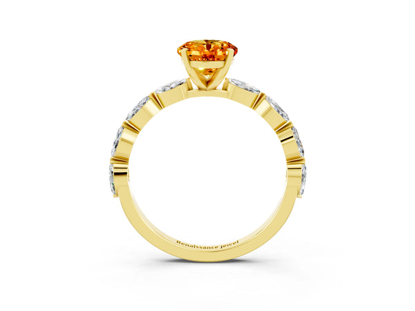 Yellow gold Oval Cut Citrine Ring with Marquise Side Stones and Prong Setting
