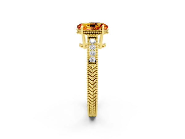 Yellow gold Oval Cut Citrine Ring with Milgrain Pavé Band and Four-Prong Setting