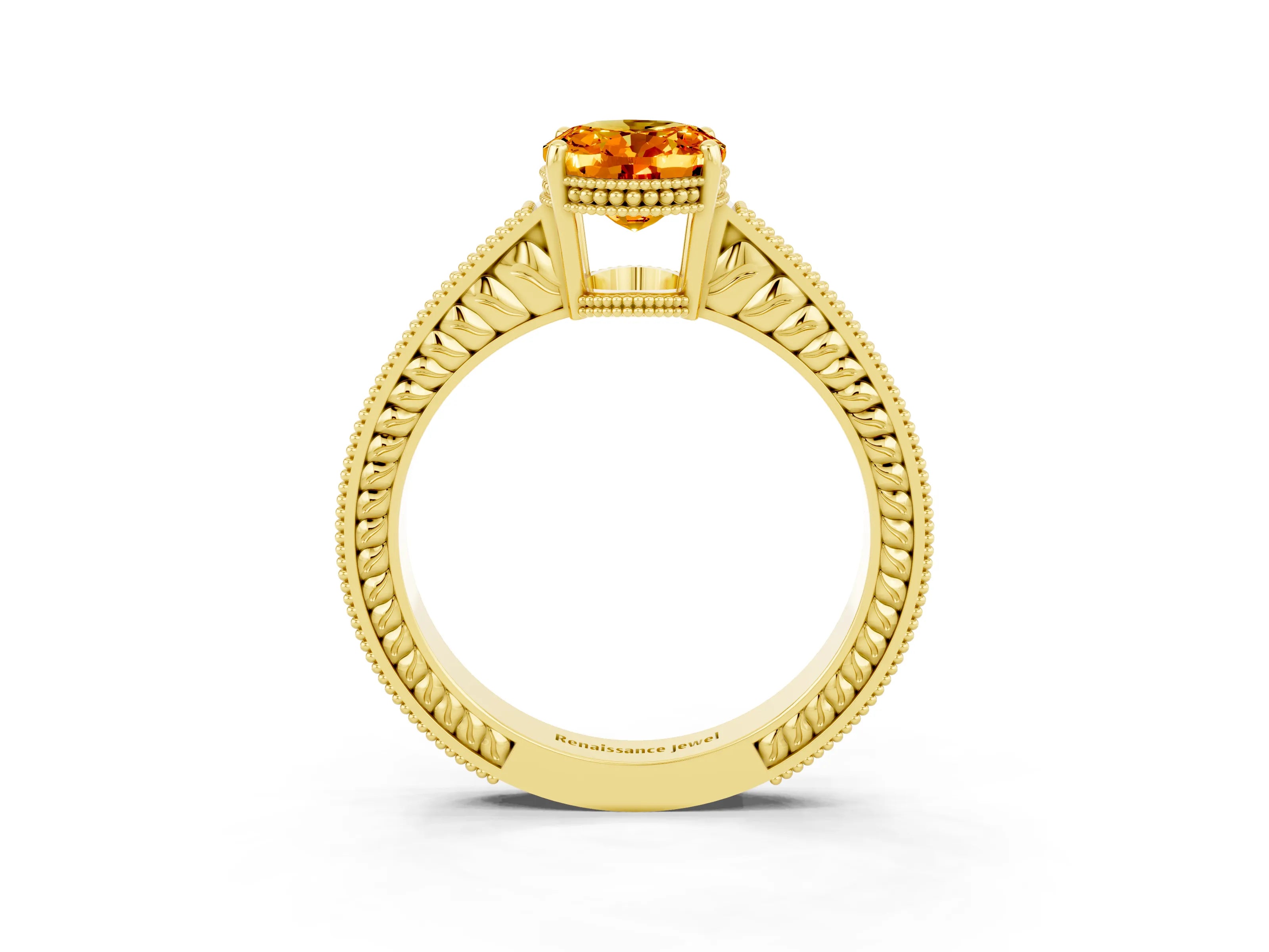 Yellow gold Oval Cut Citrine Ring with Milgrain Pavé Band and Four-Prong Setting_15