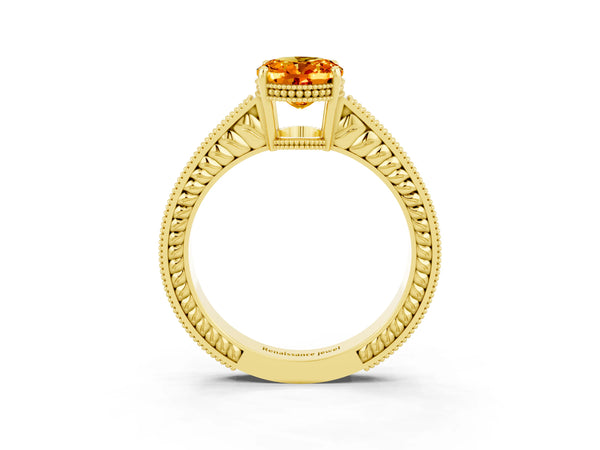 Yellow gold Oval Cut Citrine Ring with Milgrain Pavé Band and Four-Prong Setting
