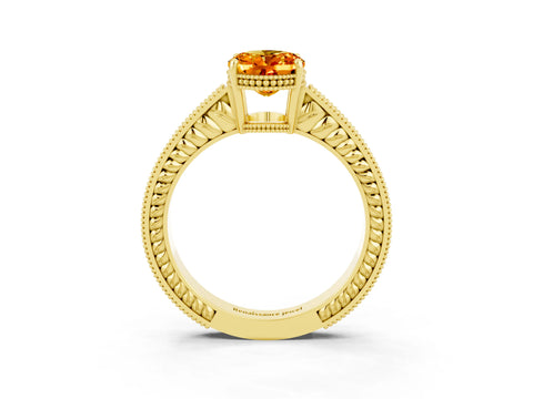 Yellow gold Oval Cut Citrine Ring with Milgrain Pavé Band and Four-Prong Setting_15
