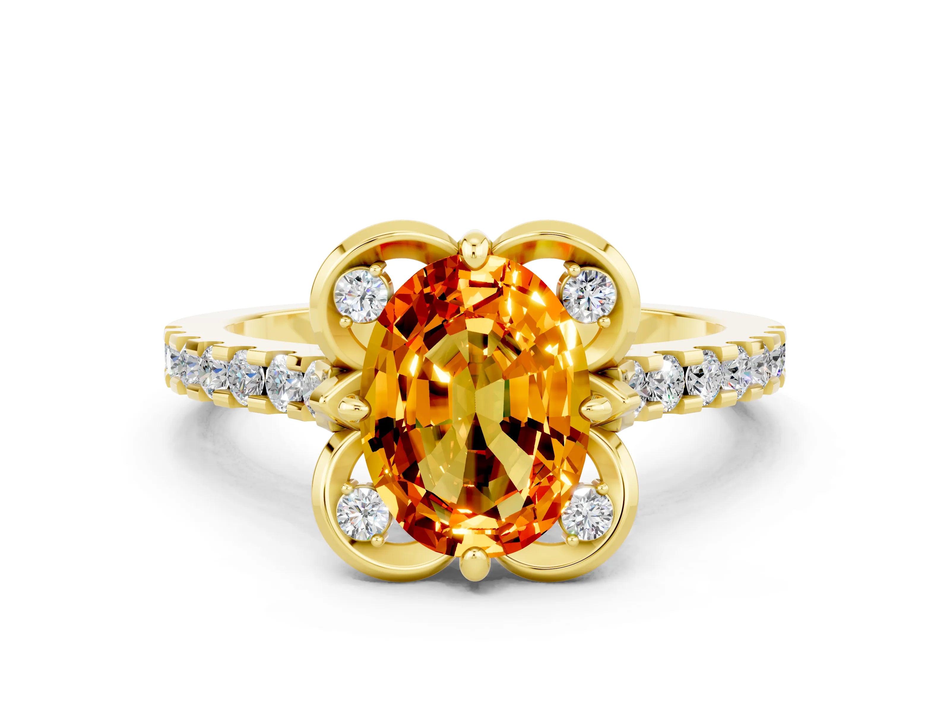Yellow gold Oval Cut Citrine Ring with Pavé Band and Floral Prong Setting