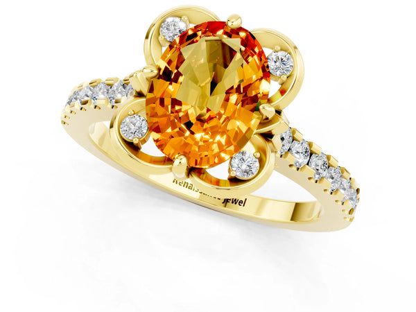 Yellow gold Oval Cut Citrine Ring with Pavé Band and Floral Prong Setting