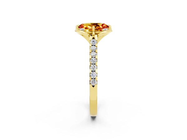 Yellow gold Oval Cut Citrine Ring with Pavé Band and Floral Prong Setting