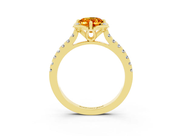 Yellow gold Oval Cut Citrine Ring with Pavé Band and Floral Prong Setting