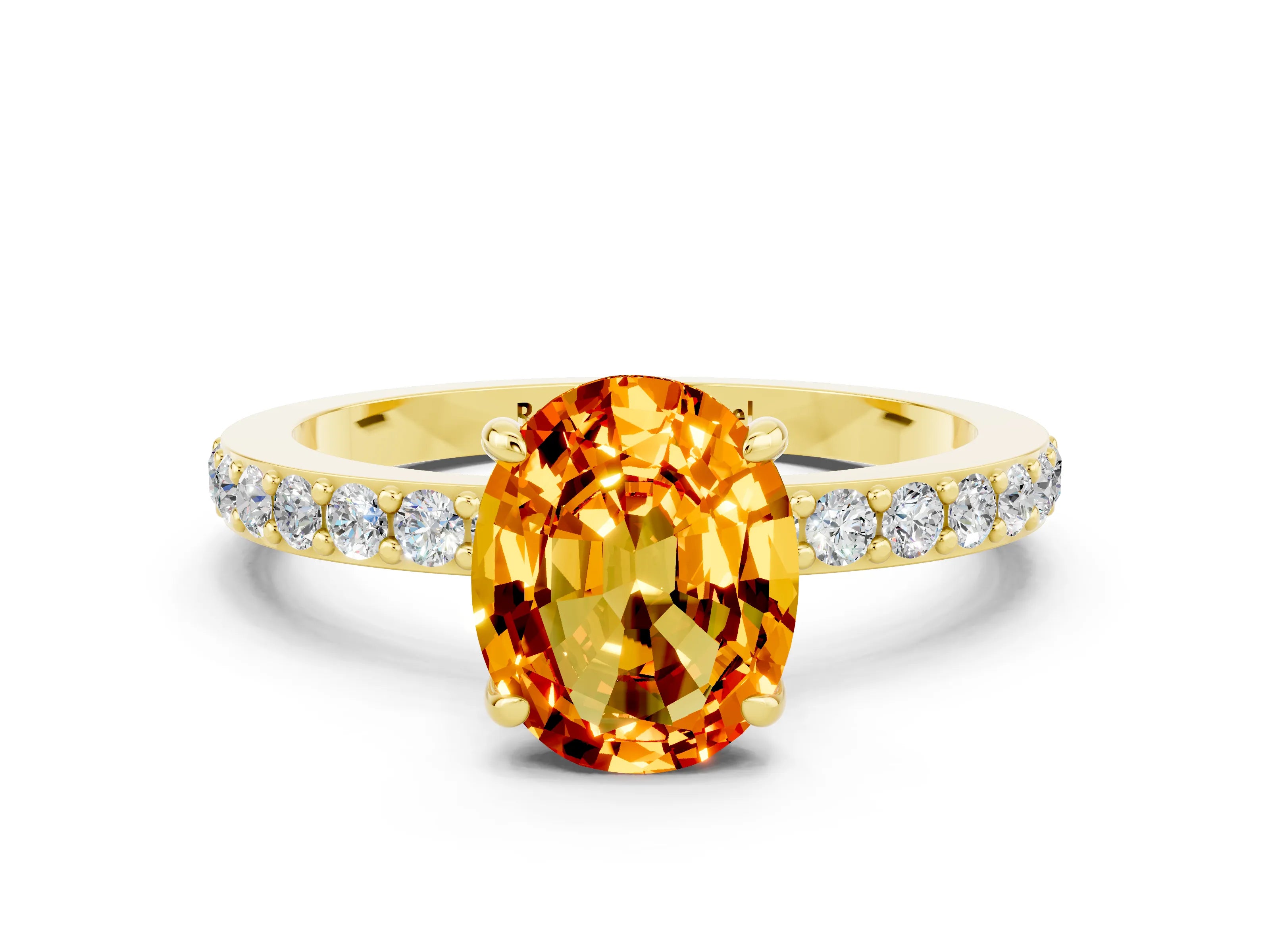 Yellow gold Oval Cut Citrine Ring with Pavé Band and Four-Prong Setting