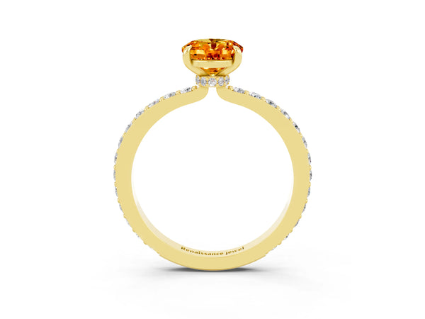 Yellow gold Oval Cut Citrine Pavé Engagement Ring with Round  Accents and Prong Setting