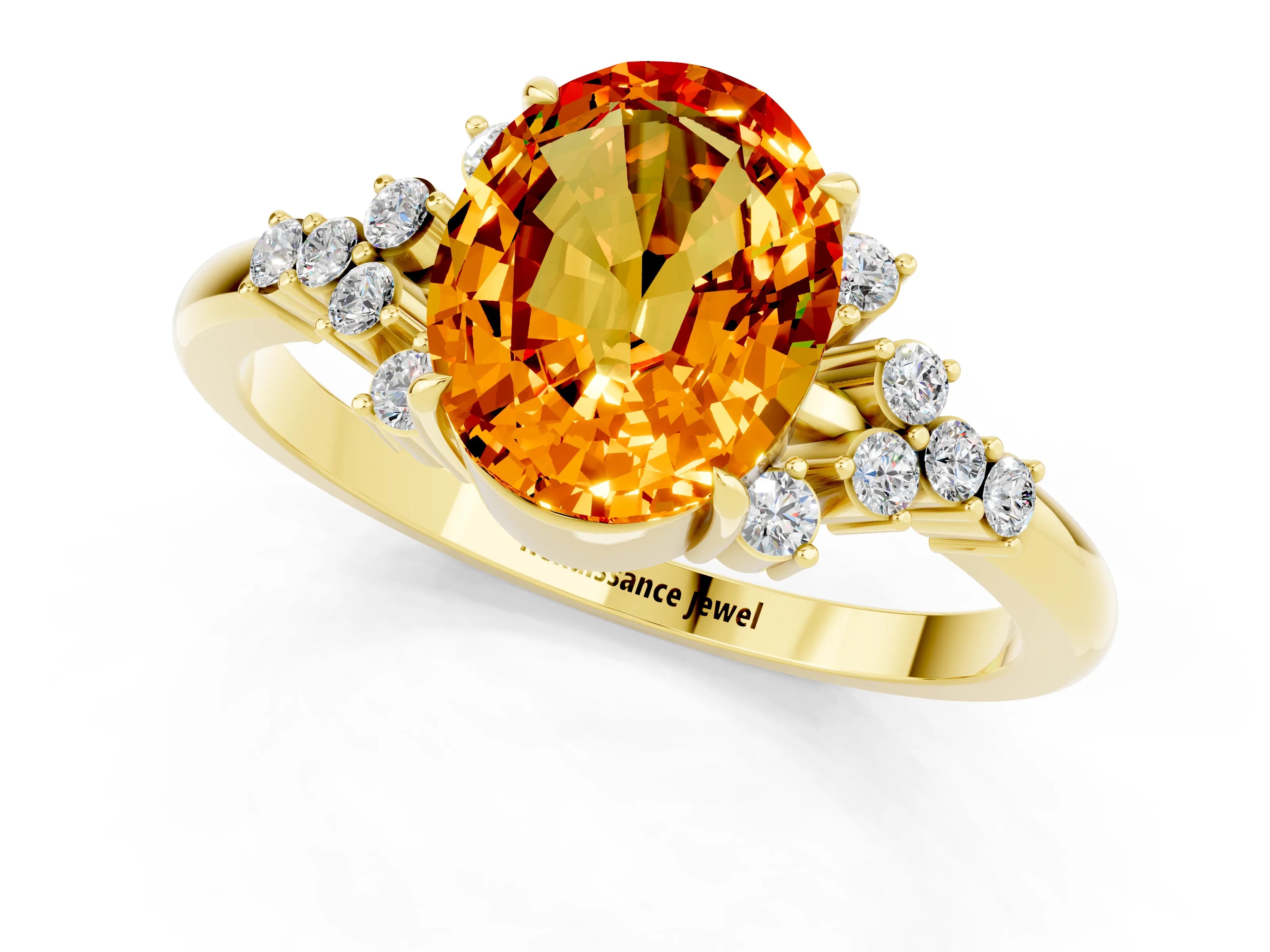 Yellow gold Oval Cut Citrine Ring with Side Stones and Four-Prong Setting_73