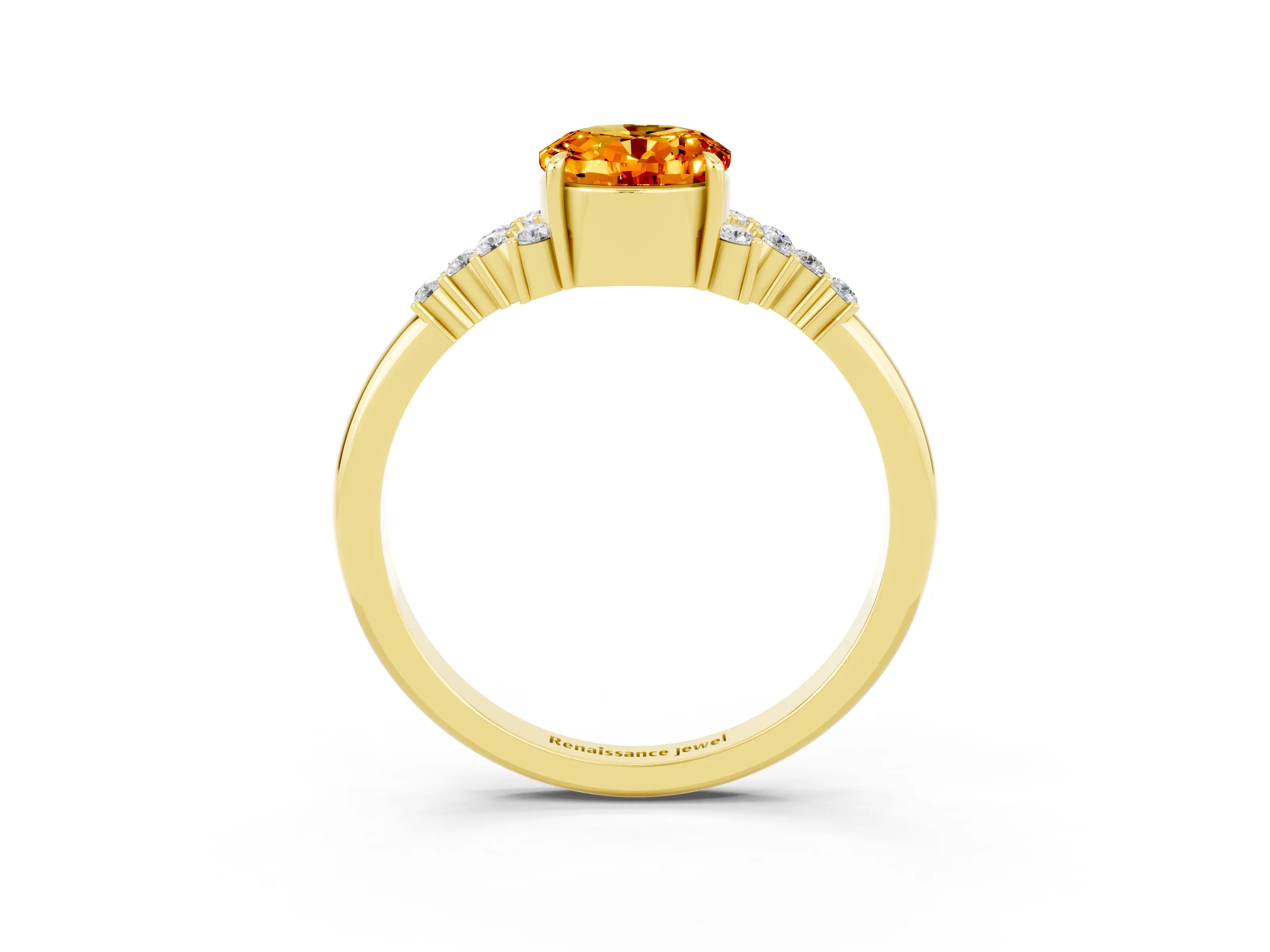 Yellow gold Oval Cut Citrine Ring with Side Stones and Four-Prong Setting_75