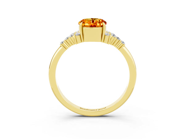 Yellow gold Oval Cut Citrine Ring with Side Stones and Four-Prong Setting