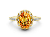 Yellow gold Oval Cut Citrine Scalloped Halo Engagement Ring with Round Shared Prong Band_12