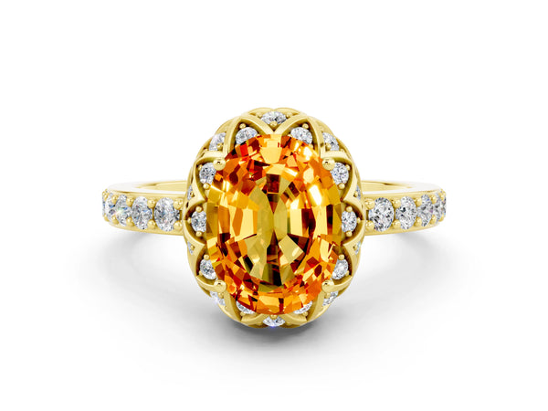 Yellow gold Oval Cut Citrine Scalloped Halo Engagement Ring with Round Shared Prong Band