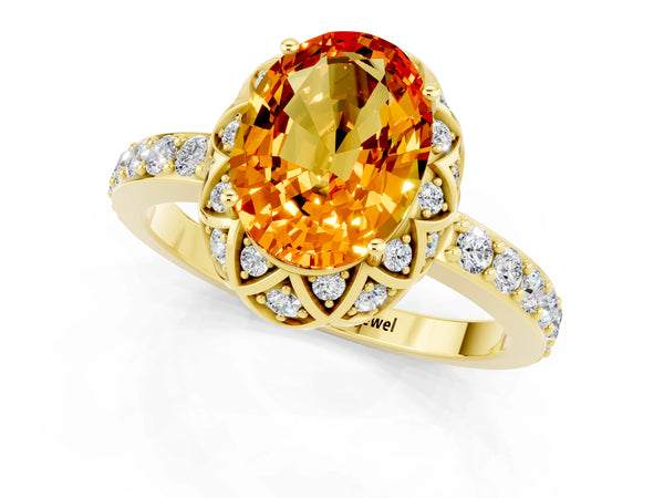 Yellow gold Oval Cut Citrine Scalloped Halo Engagement Ring with Round Shared Prong Band