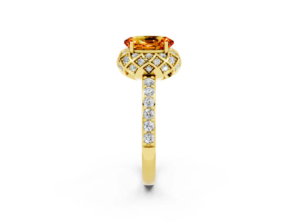 Yellow gold Oval Cut Citrine Scalloped Halo Engagement Ring with Round Shared Prong Band