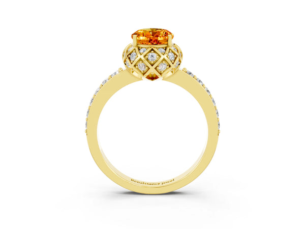 Yellow gold Oval Cut Citrine Scalloped Halo Engagement Ring with Round Shared Prong Band