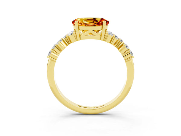Yellow gold Oval Cut Citrine Scattered Round Accent Ring with Prong Setting