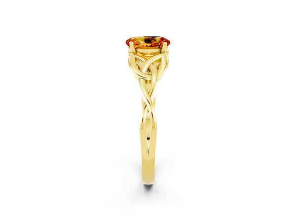 Yellow gold Oval Cut Citrine Solitaire Celtic Knot Ring with Four-Prong Setting
