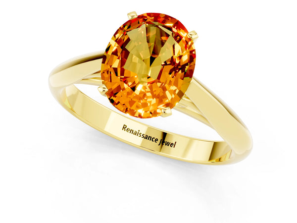 Yellow gold Oval Cut Citrine Solitaire Engagement Ring with Cathedral Setting and Four-Prong Mount