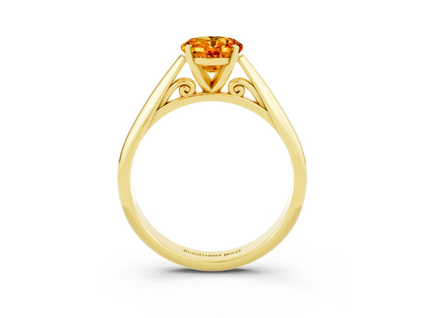 Yellow gold Oval Cut Citrine Solitaire Engagement Ring with Cathedral Setting and Four-Prong Mount