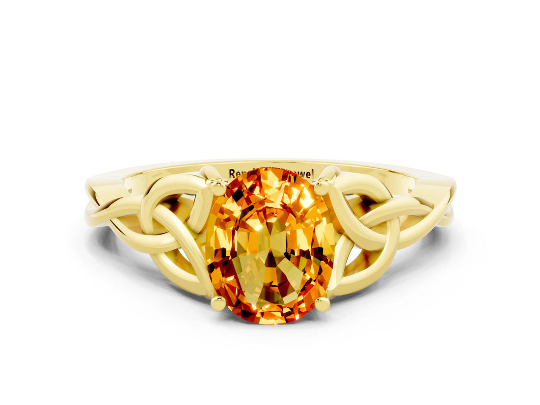 Yellow gold Oval Cut Citrine Solitaire Engagement Ring with Celtic Knot Band and Four-Prong Setting