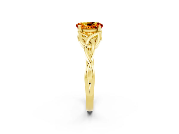 Yellow gold Oval Cut Citrine Solitaire Engagement Ring with Celtic Knot Band and Four-Prong Setting