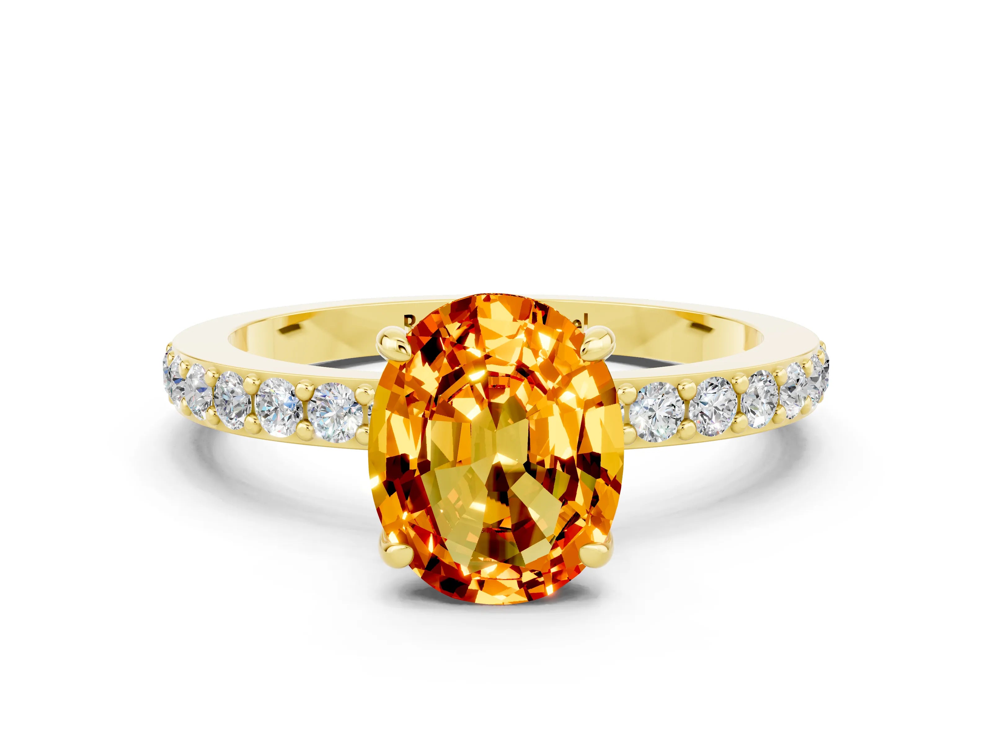 Yellow gold Oval Cut Citrine Solitaire Engagement Ring with Pavé Band and Four-Prong Setting